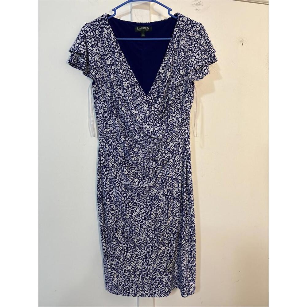 Lauren Ralph Lauren Blue Stretch Floral Faux Wrap Dress Sheath Ruffle 4 NWOT